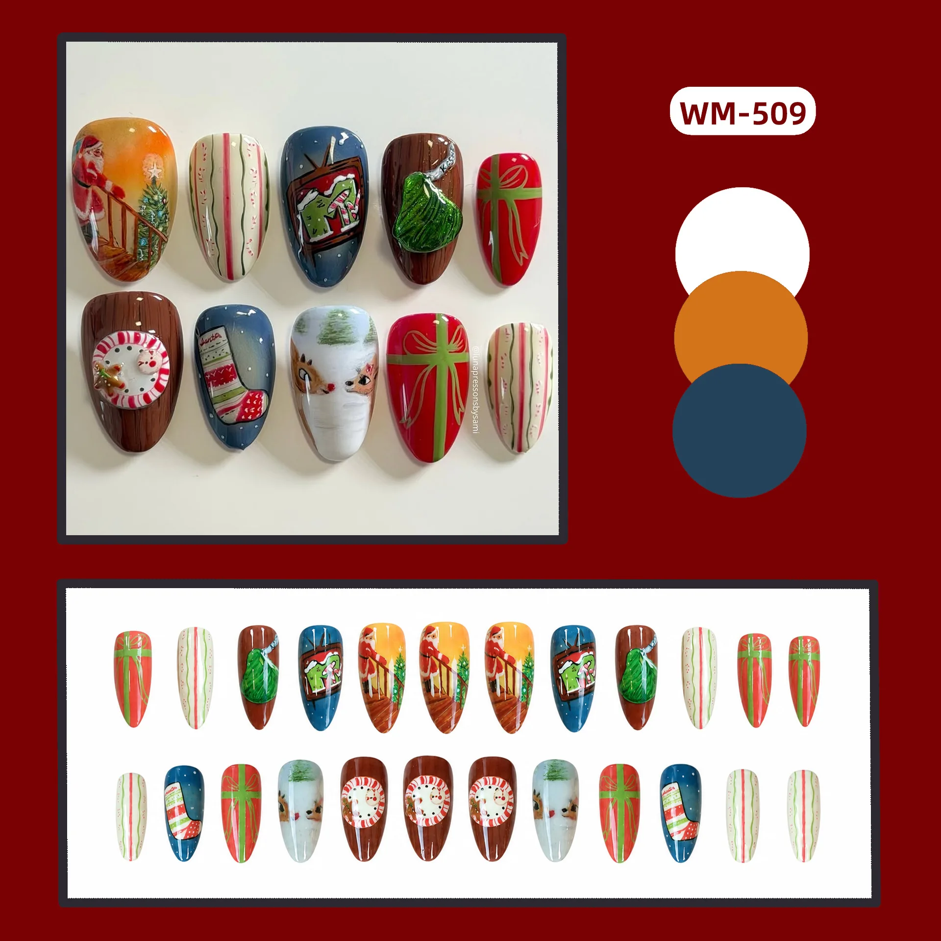 24pcs Christmas Press On Nails Santa Reindeer Gift Bell Gingerbread Man Xmas Tree Fake Nail Short Almond False Nail for Women