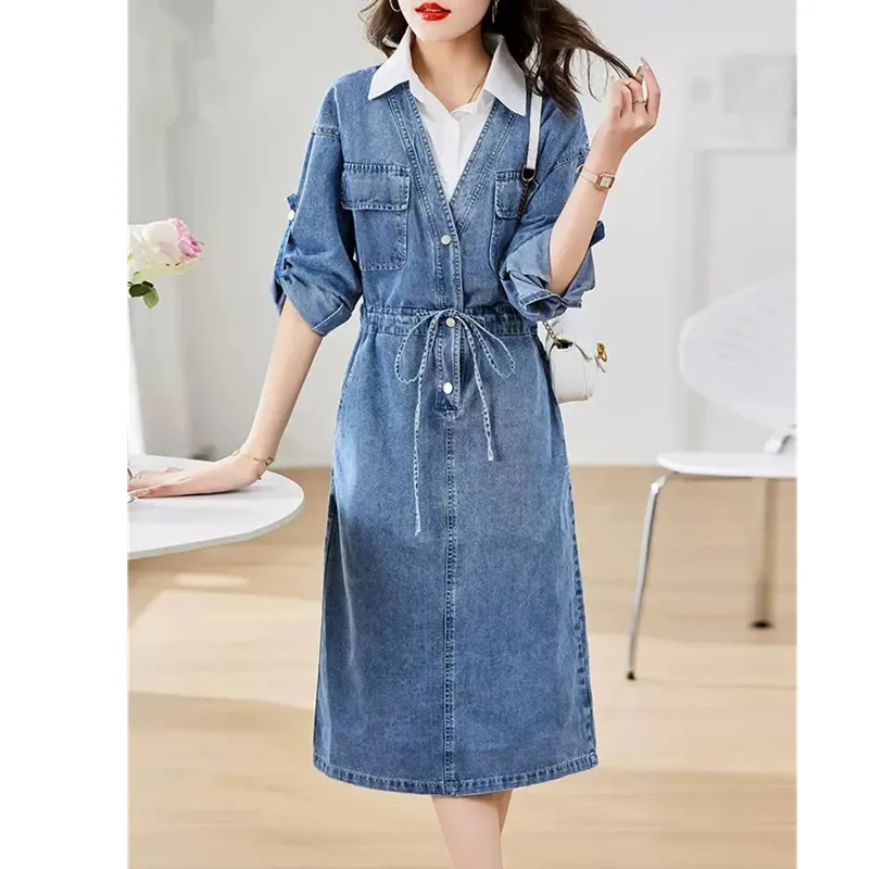 Fake Two Shirts Cowboy Dress for Women 2025 Spring Autumn New Slimming Long Sleeve with Pocket vintage Denim Casual Dress Female