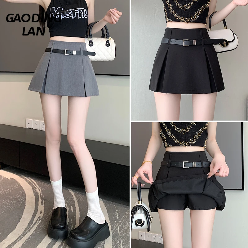 

Korean Versatile with Belt Suit Skirt Women Summer High Waist A Line Skirts Female Lining Prevent Exposure Slim Sexy Mini Skirt