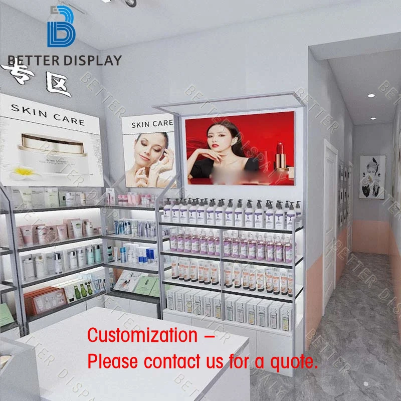 custom.Modern Cosmetic Display Showcase Furniture with Built-in Mirror and Lockable Glass Beauty Shops
