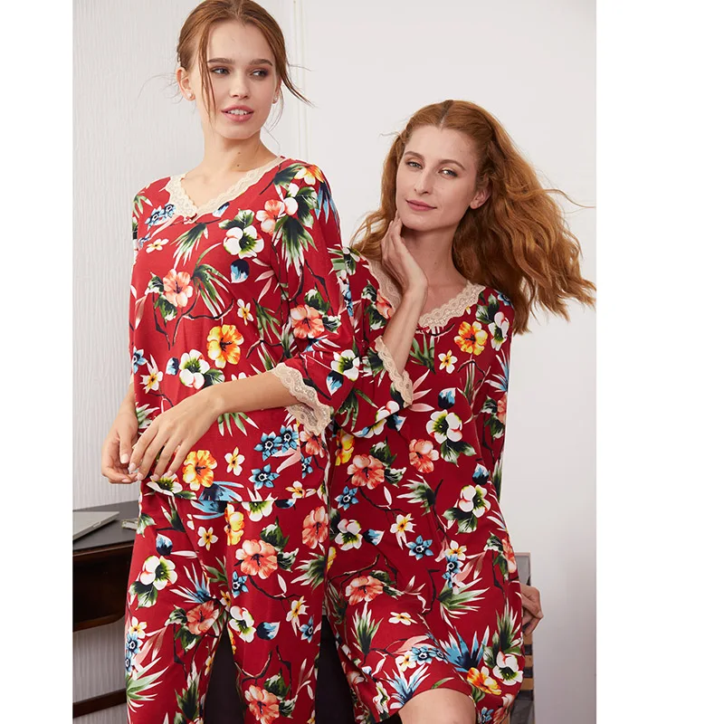 cheerful-red-long-sve-modal-home-clothes-2024-spring-autumn-new-sle-women's-home-pyjamas-luy-year-casual-comfortable-s