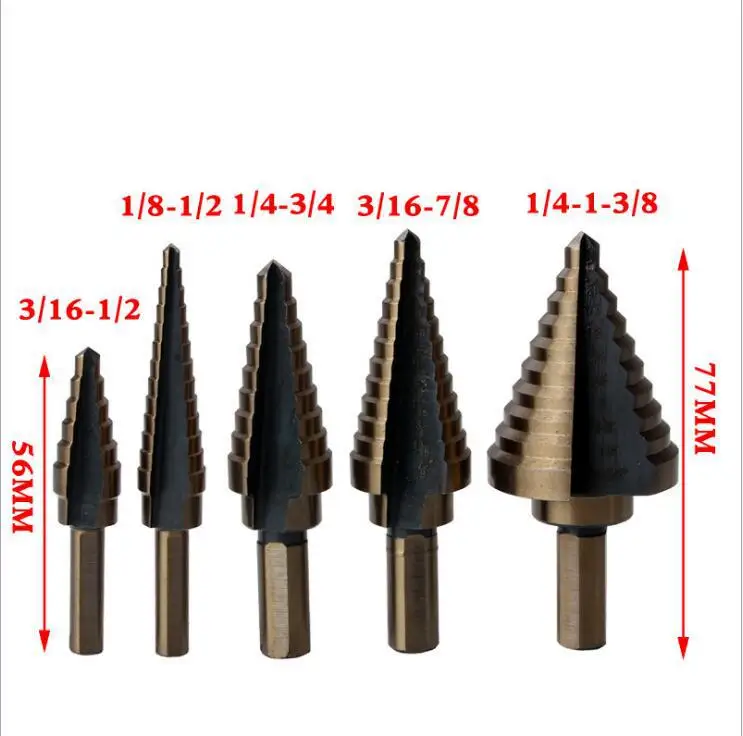 Stufenbohrer-Öffnungswerkzeug 5-teiliges Aluminium-Box-Set Hochgeschwindigkeits-Bohrer ​ ​ Stahl-Metall-Pagoden-Bohrer für Zentrierbohrungen – Detail 14