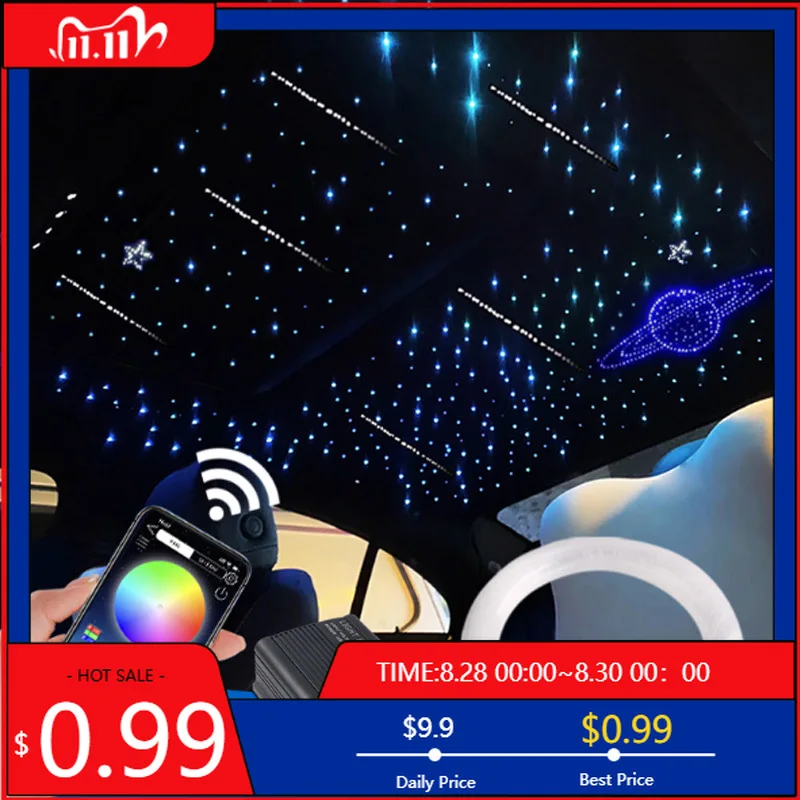 

Hot 16W Twinkle Starry Sky Car Star Ceiling Light Interior Atmosphere Lamp RGBW APP 400/500pcs Fiber Optic 12V Interior Stickers