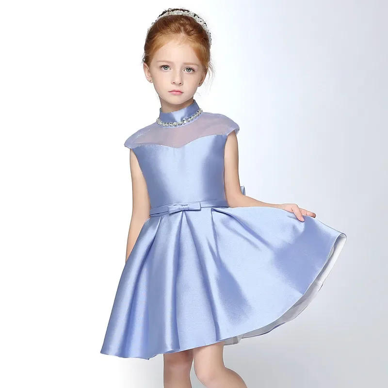 C'est YiiYa – robe à fleurs personnalisée pour filles, en Satin bleu, perles, col haut, sans manches, fermeture éclair au dos, longueur aux genoux, plissée, pour enfants, TS172
