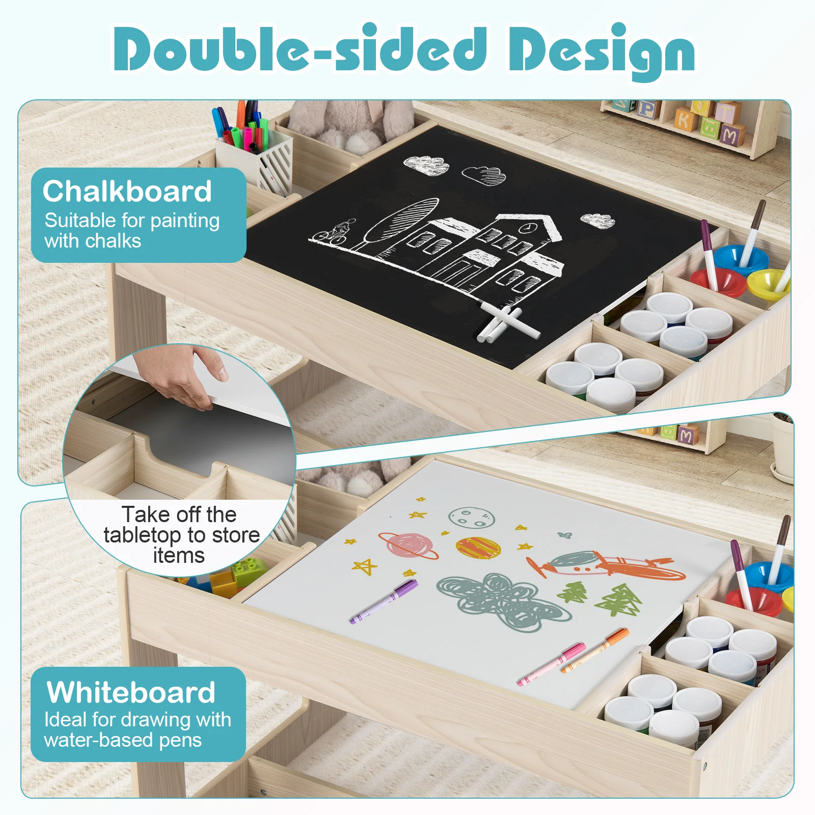 Multifunctional Kids Table & 2 Chairs Set w/ Removable Double-sized Tabletop view 4