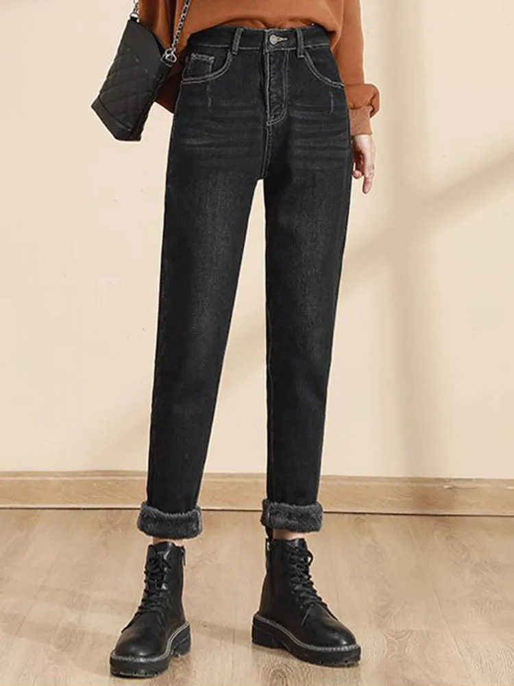 Pantaloni in denim foderati in velluto vintage caldo invernale Moda coreana Jeans Harem larghi Donna Casual Lunghezza caviglia Streetwear Vaqueros Nuovo