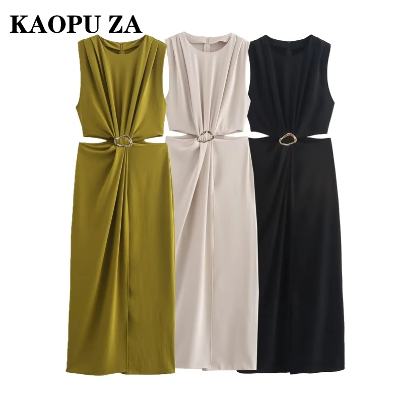 

KAOPU ZA 2024 New Summer Ladies Elegant Solid O-Neck Hollow Out Waist Sleeveless Sexy Long Dress Beach Style