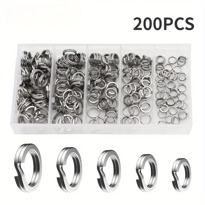 200Pcs Mixed Size Split Rings Fishing Kit, Stainless Steel Double Loop Lure Connector Rings Assortment Box Lures Hooks Tackle