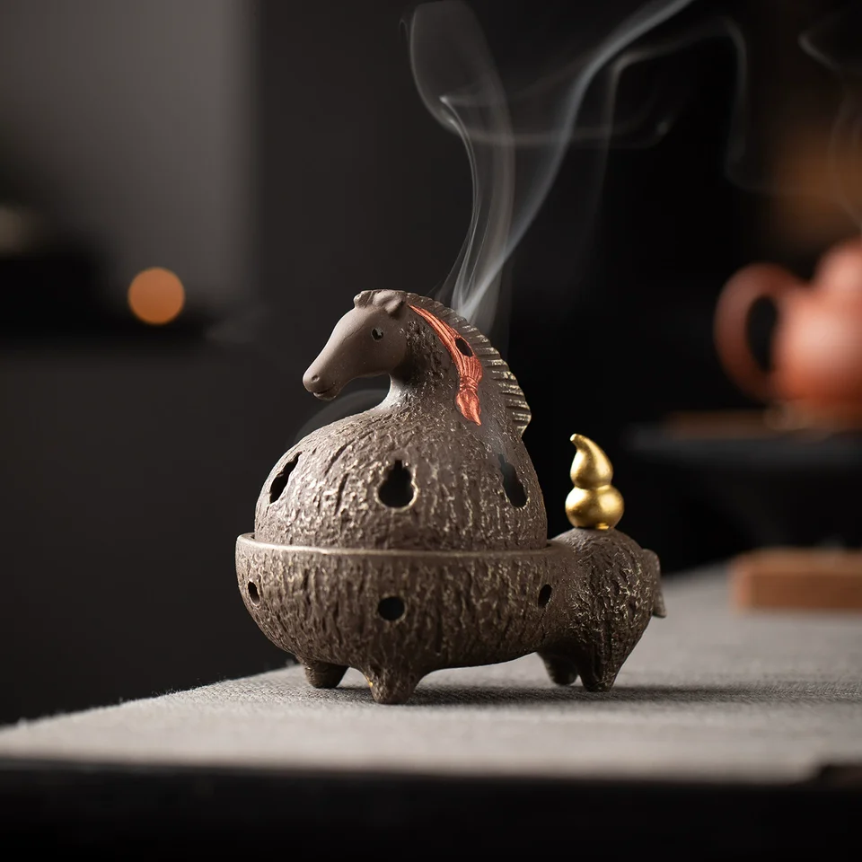 Antique Zisha Tang Horse Incense Burner, Ceramic Censer for Stick Incense, Fortune Horse Statue Home Decor, Zen Desktop Ornament