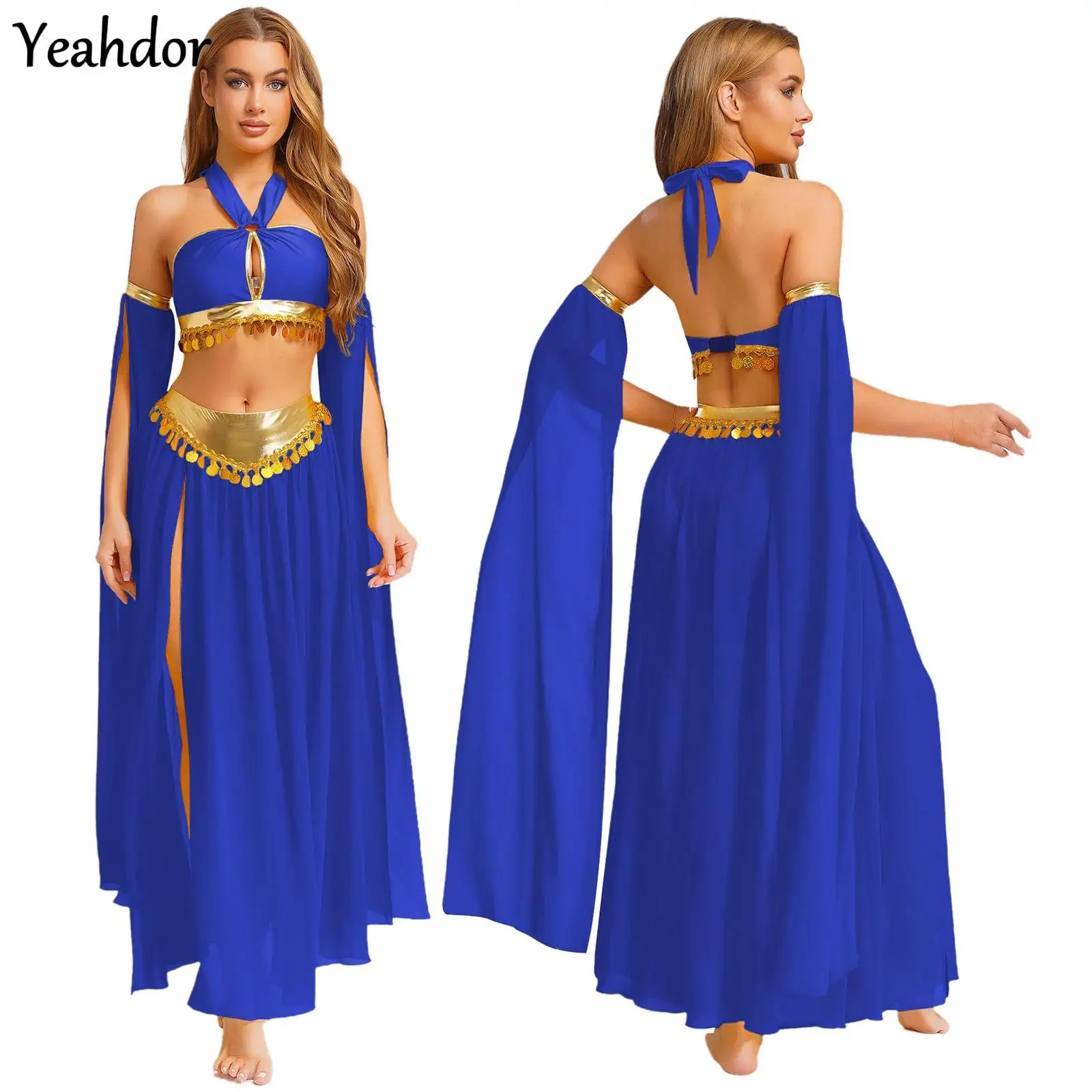 

Women Ancient Rome Egyptian Halter Crop Top with Split Chiffon Skirt Sleeves Belly Dance Set Halloween Cleopatra Cosplay Costume