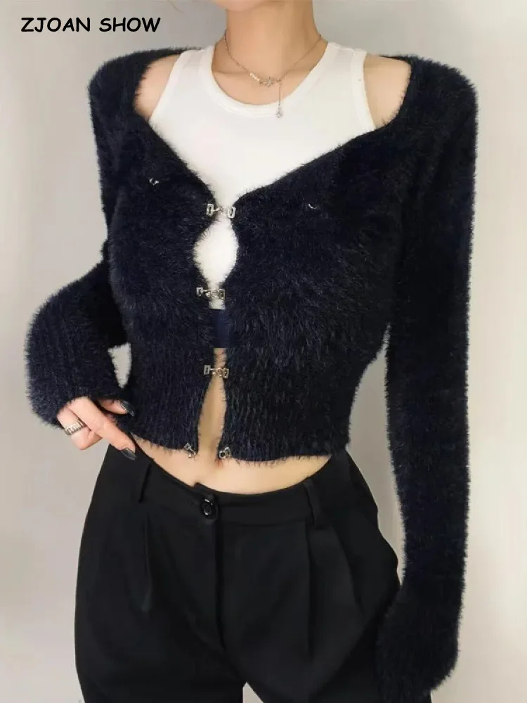 2022 Women Metal Buckle Button-through Hollow Out Front Crop Cardigan Retro Knitted Shaggy Sweater Full Sleeve Slim Jumper Black