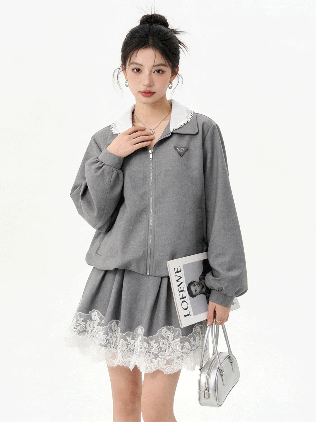 

Ele Lace Splice Pleated Skirt Set College Sle Turn-down Collar Outerwear Early Spring Anti-aging Faion Ensemble