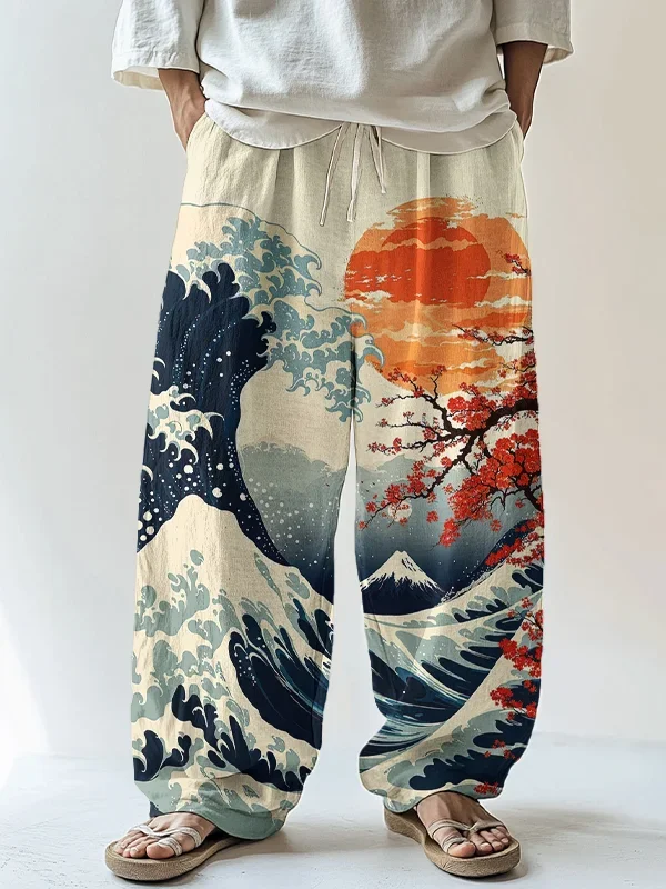 Ukiyo-e Waves, Purple Toned Oil Painting of Pigeons, Golden Ink Dragon, Vacation Style 3D Printing, Niche Lazy Style Pants