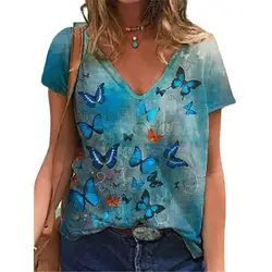 Fashion Butterfly 3D Print T Shirt Ladies T-Shirts V-Neck Oversized Tees Women Tops Summer Streetwear Harajuku Y2k Clothes