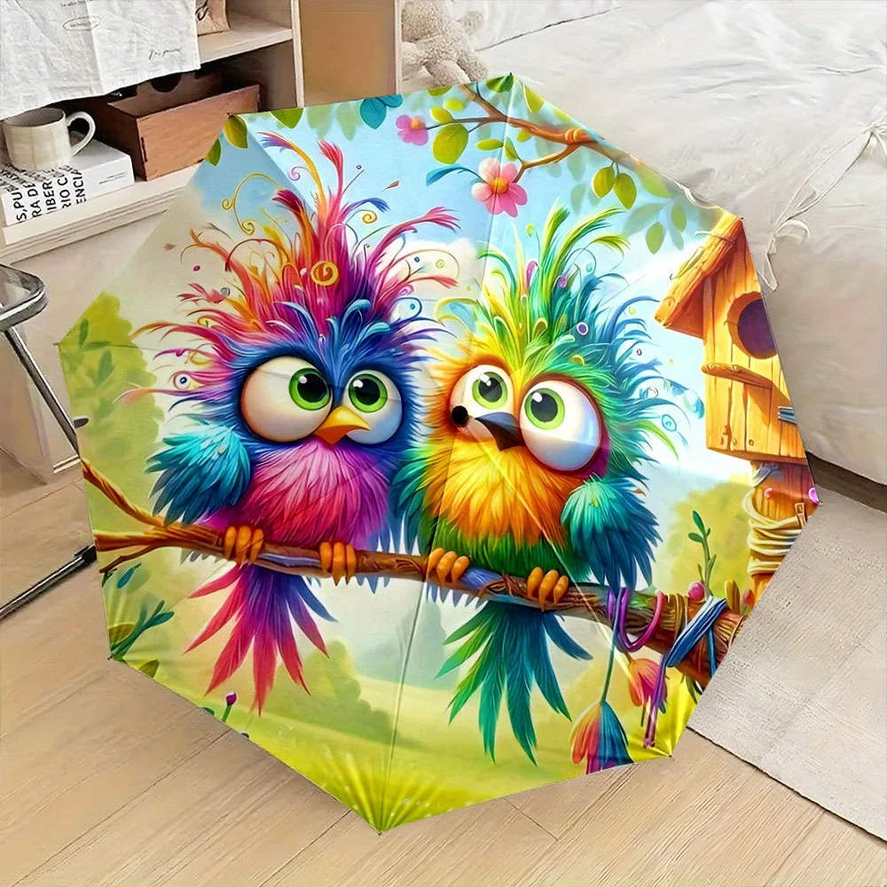 

Folding umbrella Colorful birds on a branch in a sunny garden. Creative portable folding umbrella for Christmas other holiday