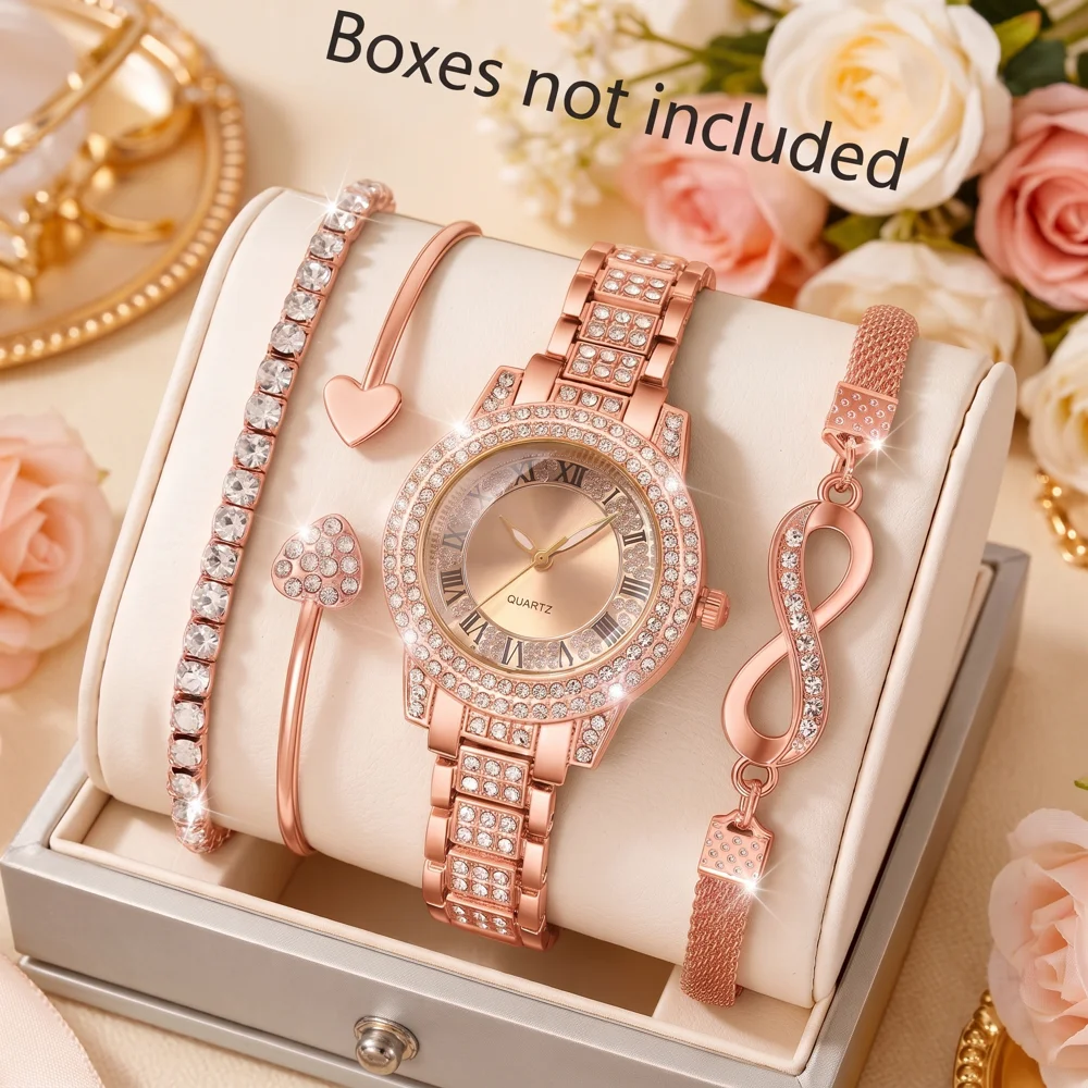 4Pcs/Set Unisex Jewelry Watches Women's Wristwatch Accessories Rose Gold Trendy Fashionable Elegant Classic Exquisite Light Luxury Rhinestone Luxury Quartz Watch Set Y2K Suitable for Travel, Parties, Daily Outfits, Perfect Birthday and Holiday Gift