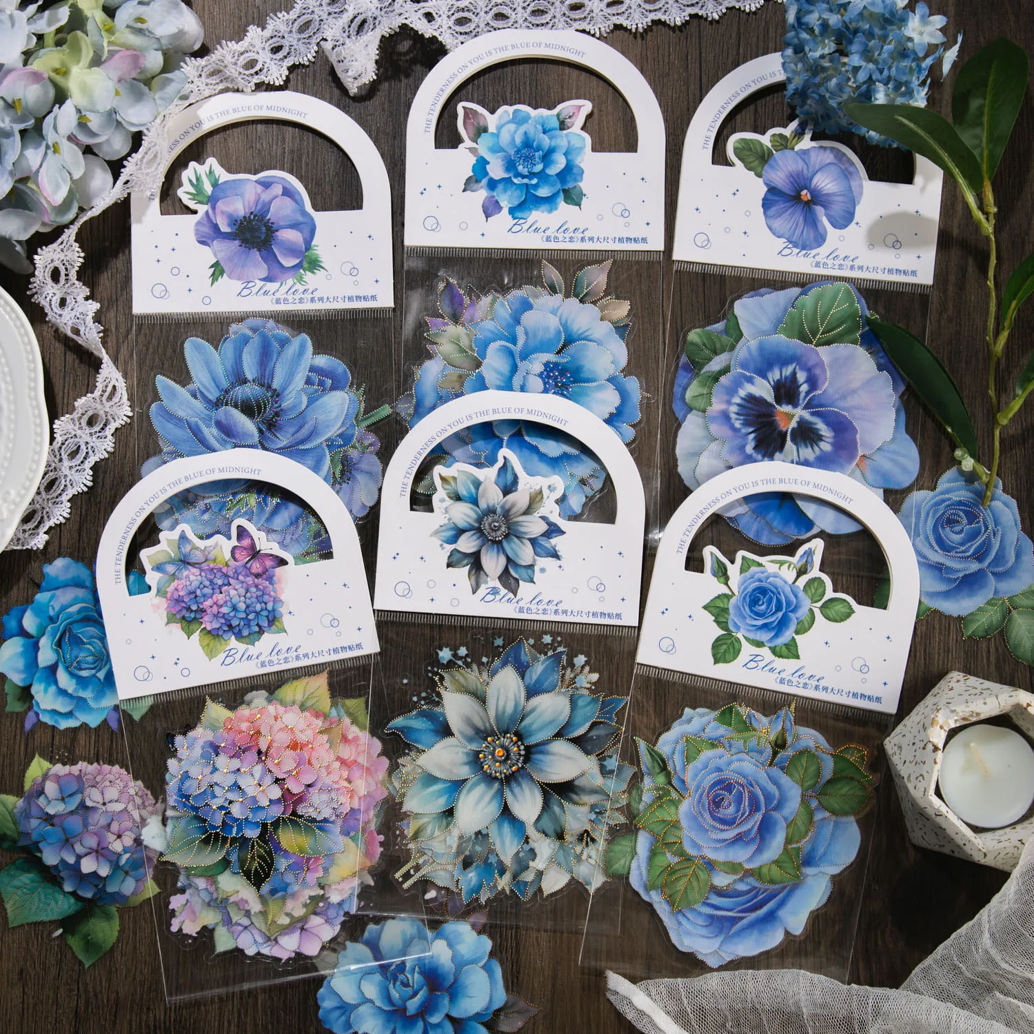 Pegatinas decorativas de flores de amor azules de gran tamaño, 10 unids/lote por paquete