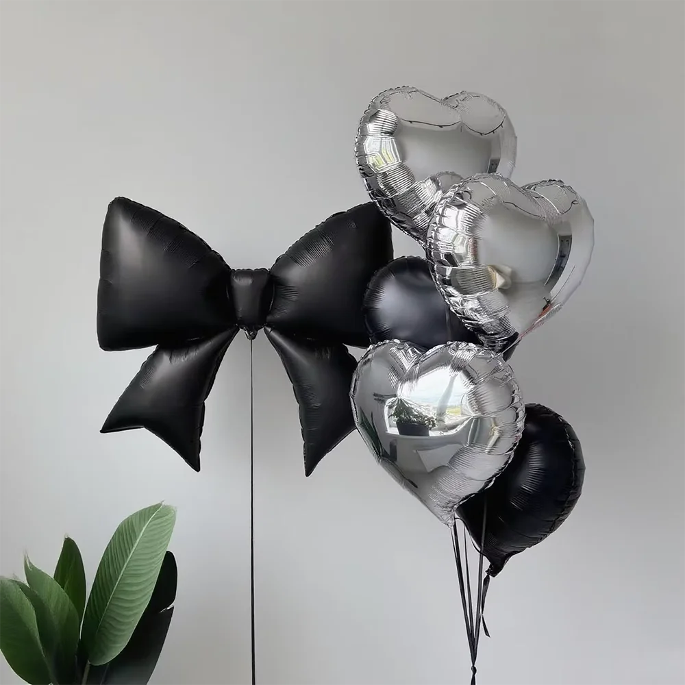 1 Satz Folienballons mit schwarzer Schleife und silbernen Liebesherzen, geeignet für Geburtstagsparty-Dekoration, Valentinstag, Jubiläen, Geschenke