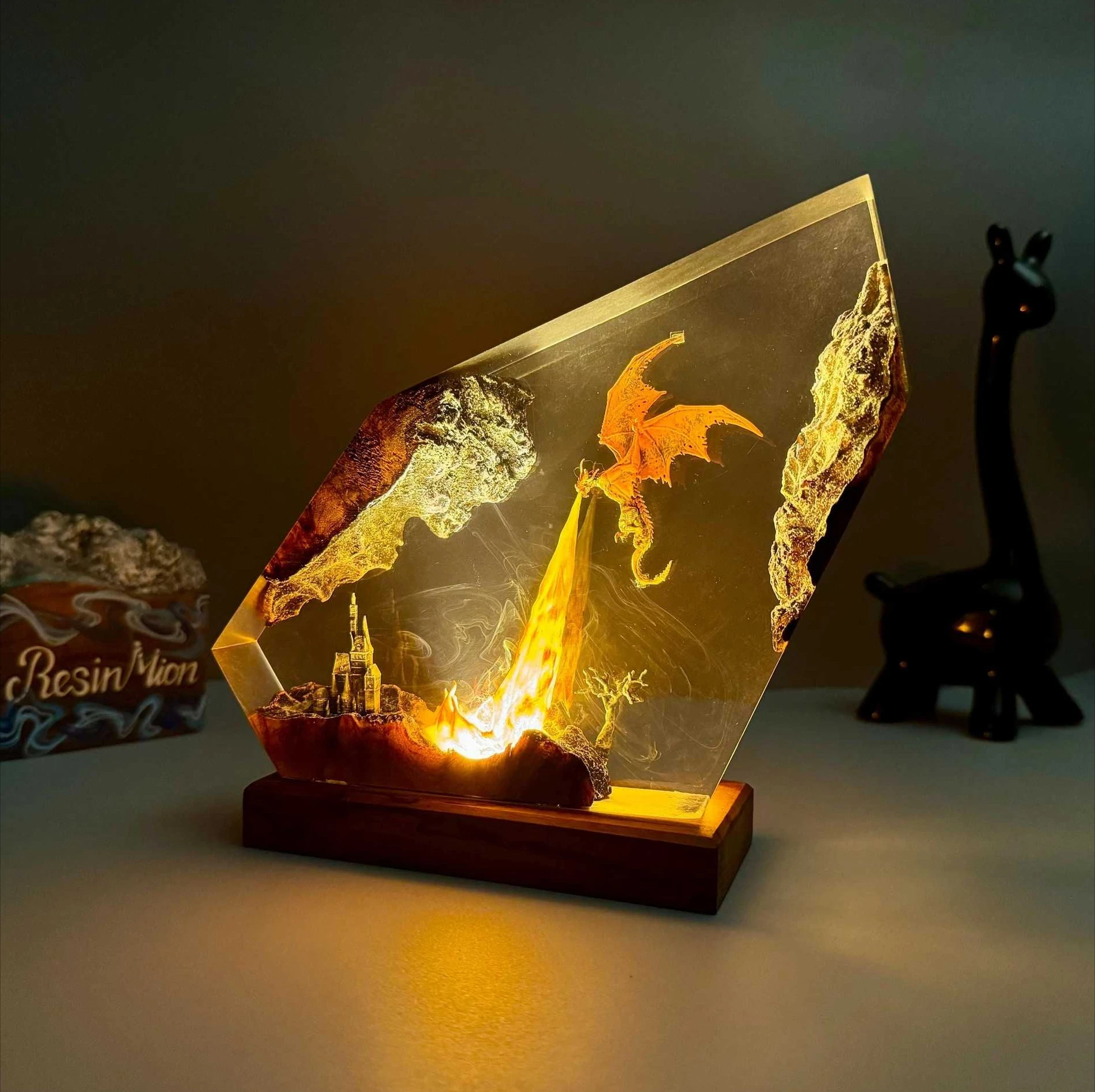 ZZ 2026 Handmade Epoxy Resin Night Light Fire Dragon Micro Landscape Desk Lamp Creative Home Decor Gift For Halloween Festival