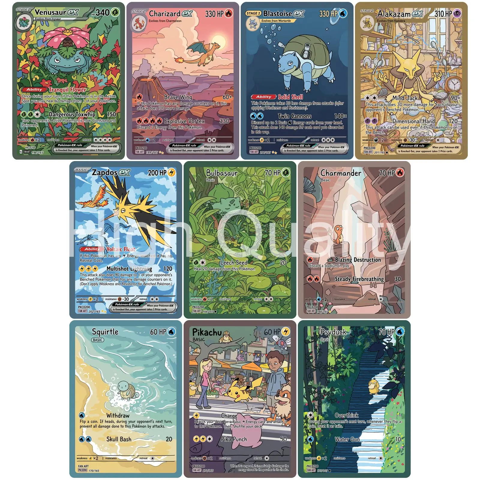 10Pcs PKM Cards PTCG Derpy Style Venusaur Charizard Blastoise Alakazam Zapdos Bulbasaur Charmander Squirtle Psyduck Cards PTCG