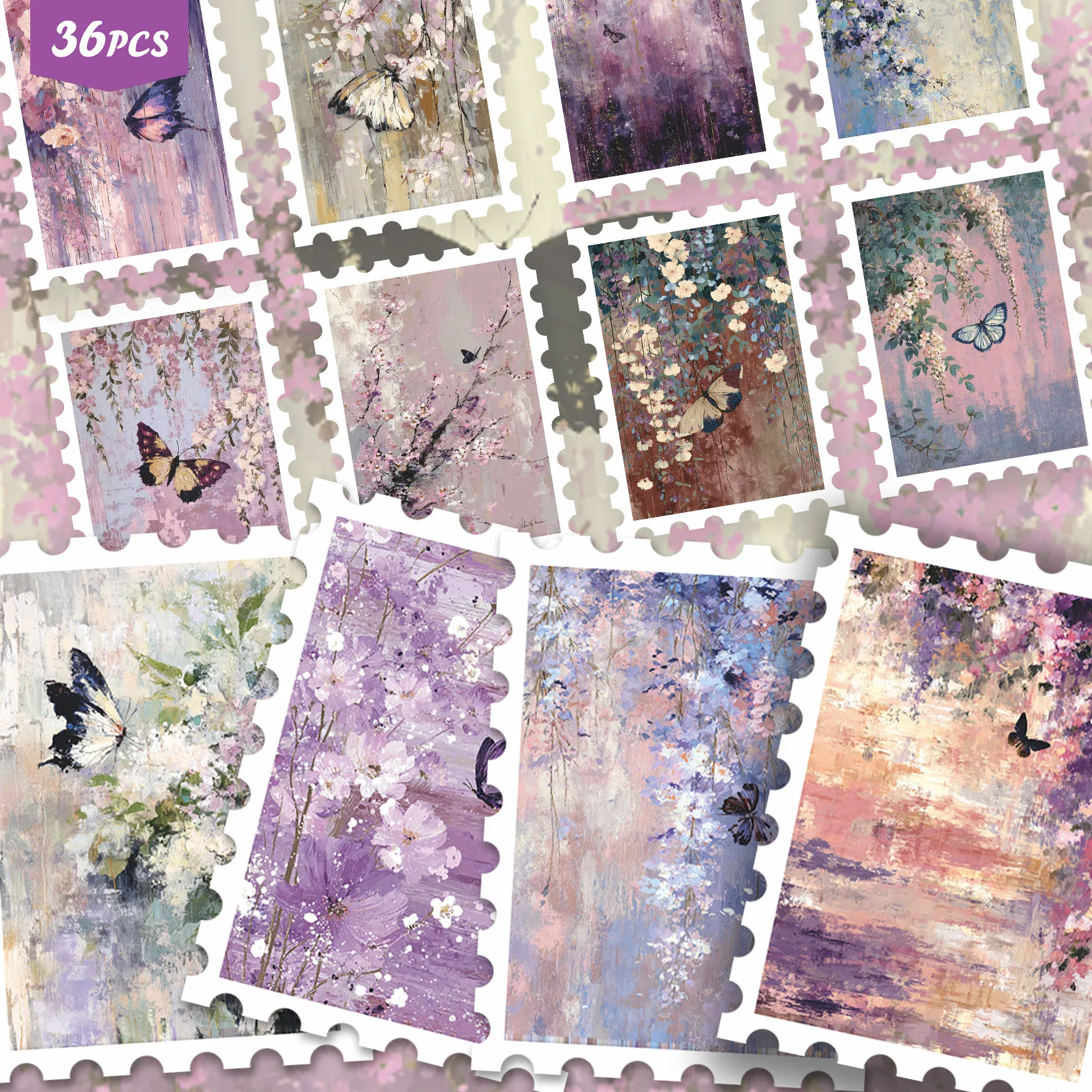 36PCS Vintage Oil Painting Floral Stickers, butterfly & blossom motifs, soft antique aesthetic, ideal for tumblers, for pads and