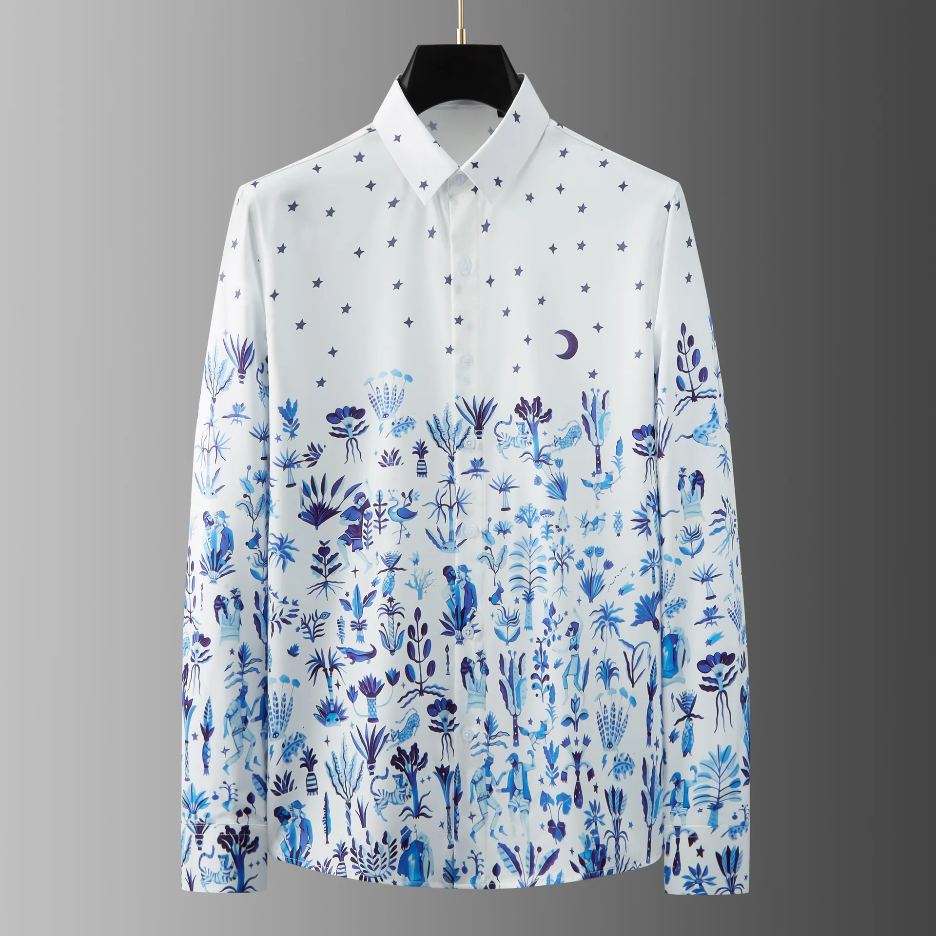 Hot selling new product in foreign trade, blue landscape, starry print trend, men's long sleeved shirts