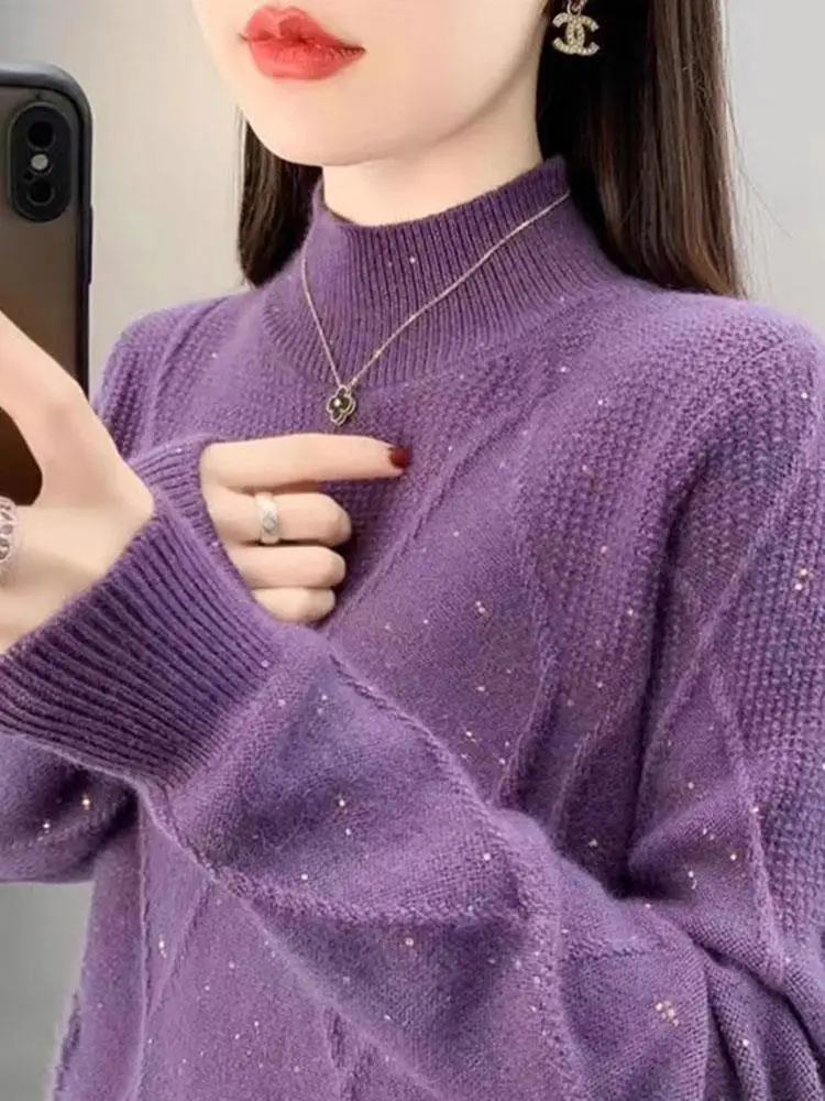 iny Pailletten-Strickpullover f High Ne Damen Sle Frühling Herbst Neuankömmling Loose Fit Pendeln Sle Reine Farbe