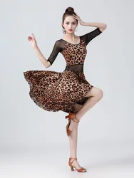 Mesh Patchwork Dance Sports Costume Women's Dress Latin Leopard Line Standard Dances Woman Dress Half Sleeve Flamengo Girls Wear