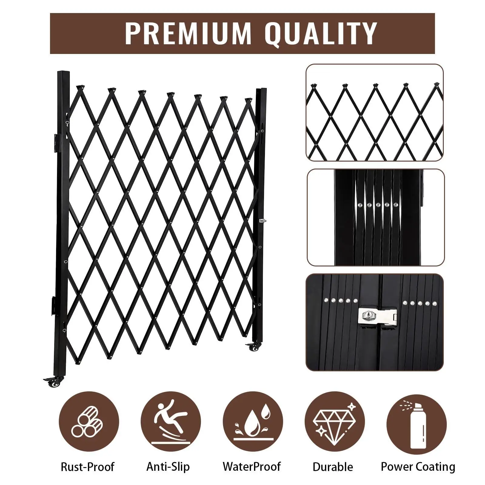 Folding Baby Safety Gate with 360° Rolling Casters – Expandable Steel Accordion Barrier for Doors, Stairways, Backyards, Decks, Gardens – Portable Child Proof Fence
