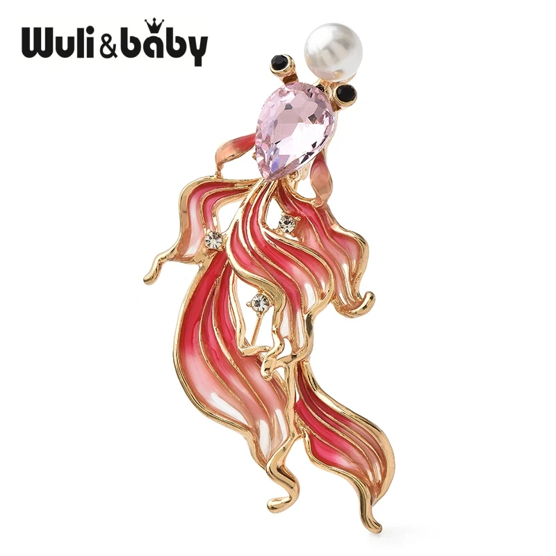 Wuli&baby Enamel Long Tail Goldfish Brooch Pins 4-color Metal Beautiful Swimming Fish Animal For Women's Clothes Pin Gifts