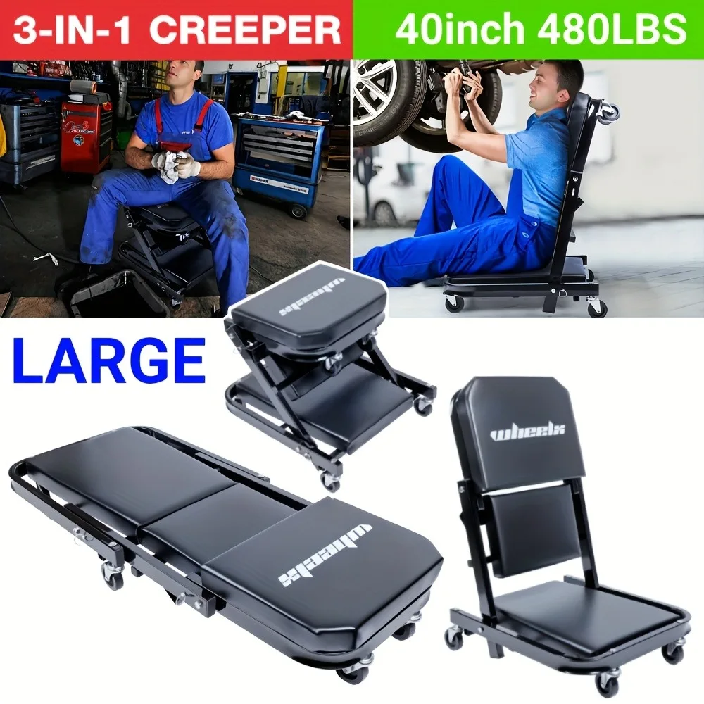 

40'' Heavy-Duty Foldable Mechanic Creeper & Rolling Seat, 2-in-1/3-in-1 Thickened Support 480 LBS Capacity Z-Creeper