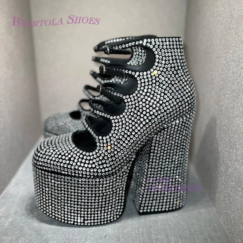 Black Patchwork Silver Crystal Platform Heel Bling Girls Chunky Cutout Stripes Ankle Buckle Sandal Spring Dress Dance Woman Shoe