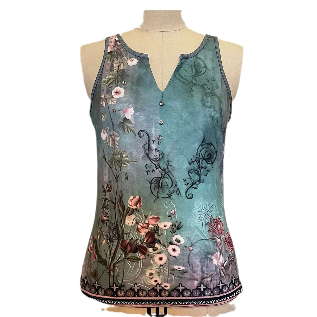 Vintage Printed Vest Women V-Neck Sleeveless Tops Summer Casual T-Shirt