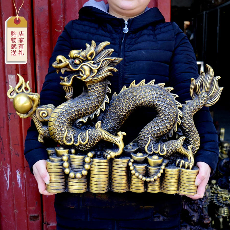 57CM  large home company business Shop ZHAO CAI Talisman Money Drawing good luck royal Fortune dragon COPPER Sculpture statue