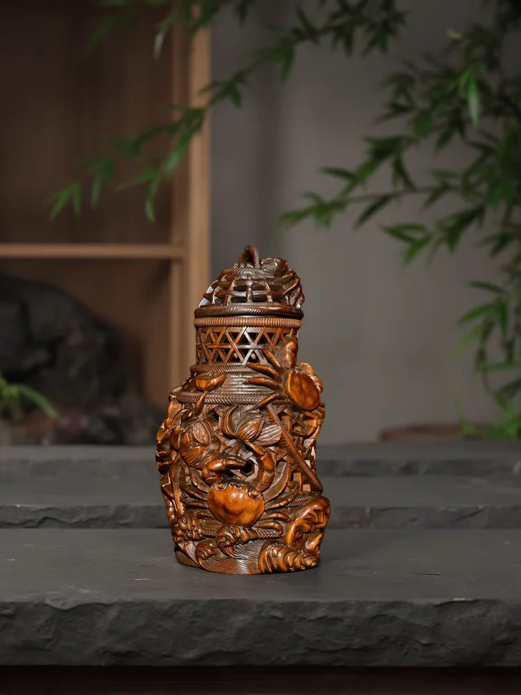 Old Boxwood Crab Fish Carving Statue pattern Crab Basket fish trap Wenfang screen Office Ornaments Town House Exorcism