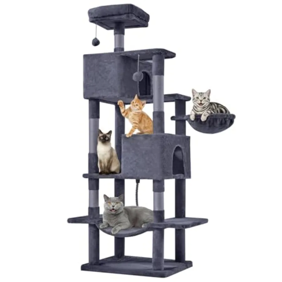 

Large Cat Tree Tower for indoor play natural sisal posts beige and brown sturdy multi-level design with hammock and condo