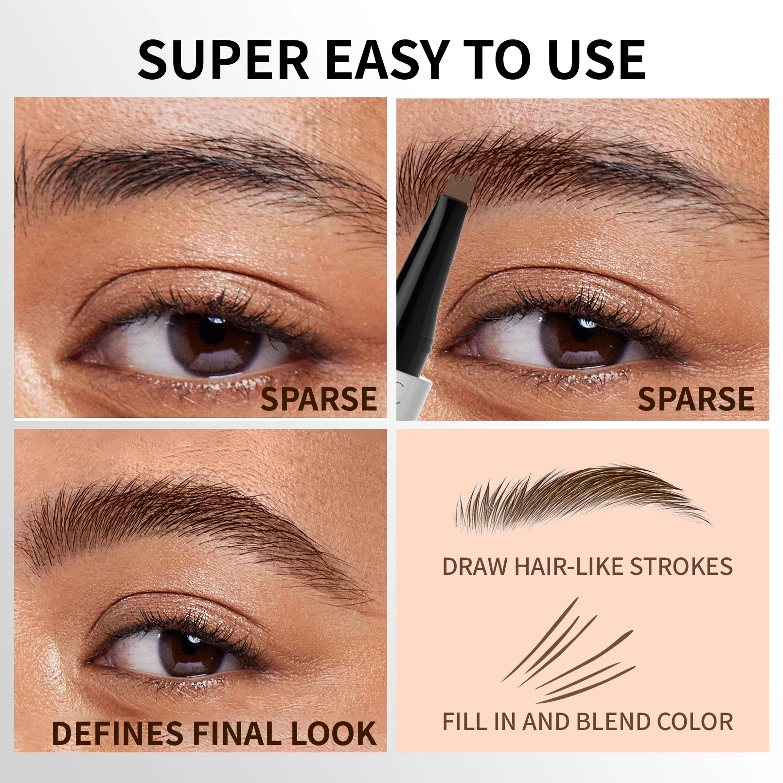 QIC Waterproof Microblading Eyebrow Pen - 4 Split Head, Natural Look Brow Makeup in 4 Colors for All Skin Types