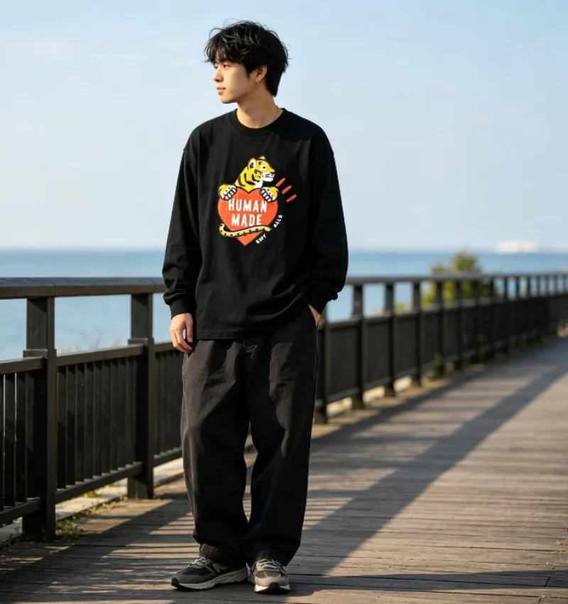 2026 New Human Made Tiger Heart Print Long Sleeve T Shirt Couple Casual Top