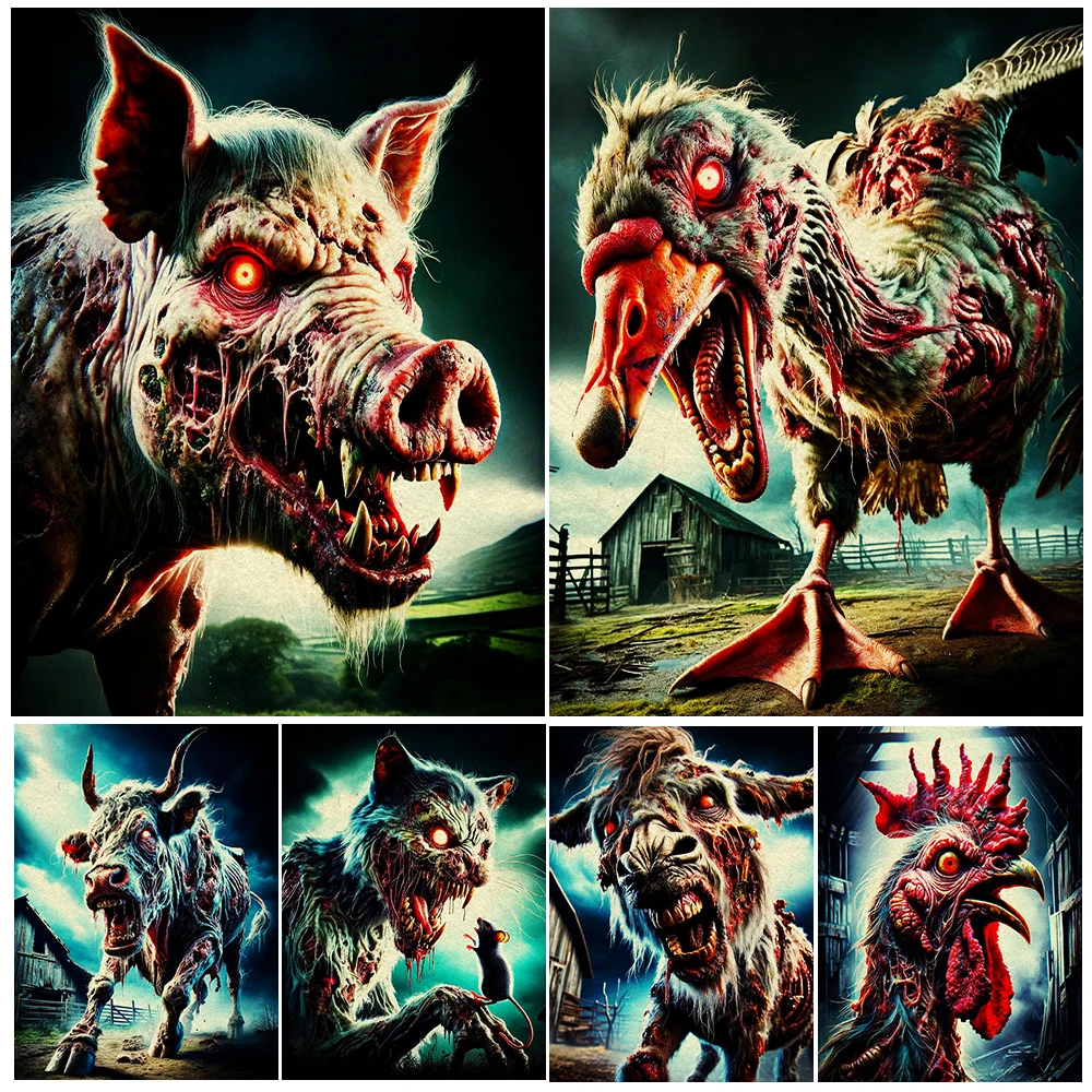 

Creepy Zombie Animals,Vintage Wall Art Canvas Painting,Zombie Sheep,Pigs And Ducks On The Farm,Horror Artwork,Poster Print Decor
