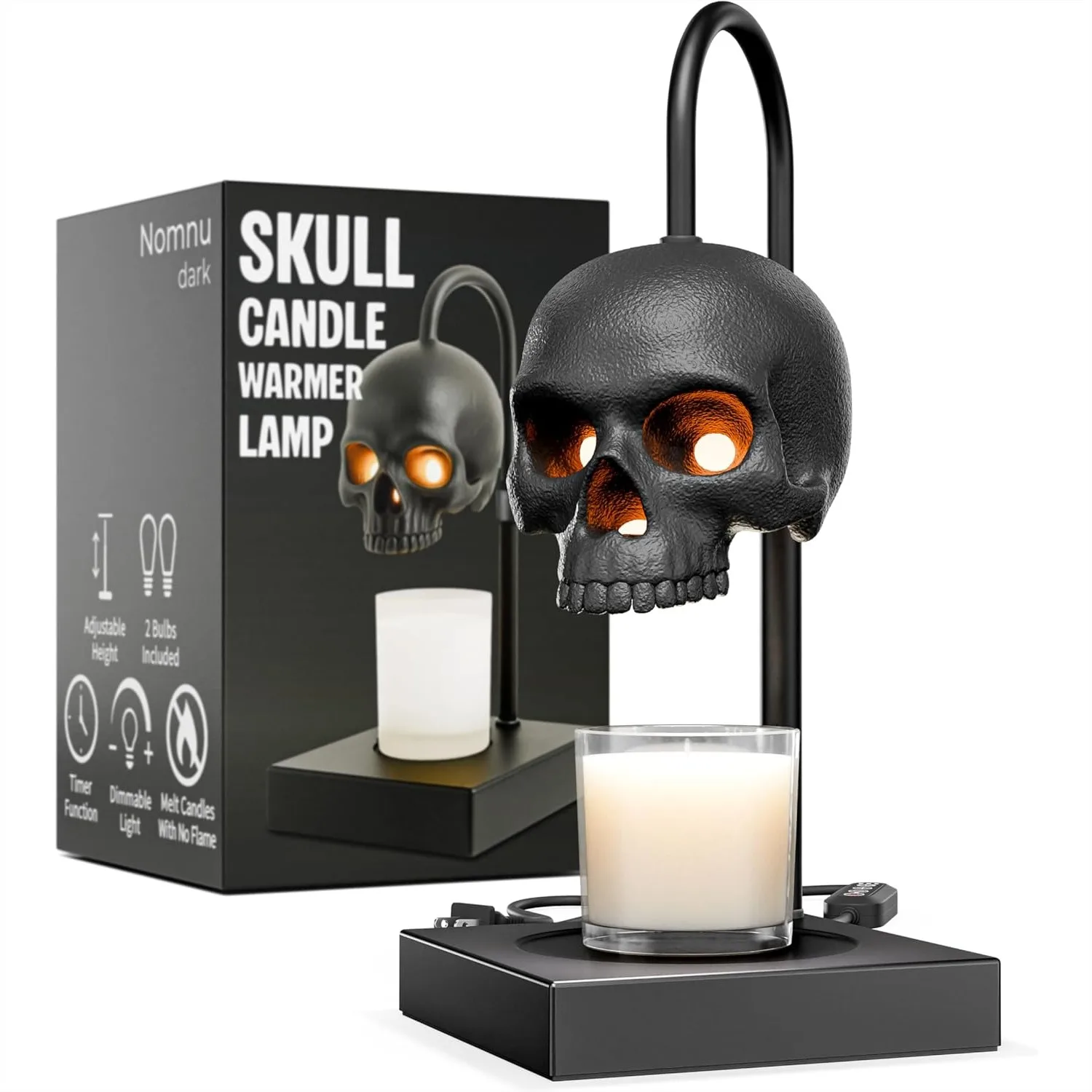 Skull Candle Warmer Lamp with Timer and Dimmer, Black Gothic Lamp w/ Adjustable Height, 2 Bulbs, Spooky Home Decor