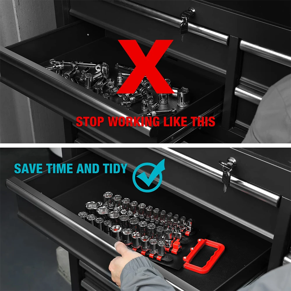 48Pcs Portable Socket Holder with Handle, ABS Socket Tray Wall And Tool Cart Mounted,  Drive Socket Organizer Tray