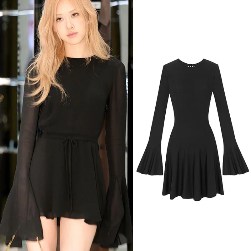 

Kpop Korean Singer Jazz Dance Women Party Sexy Black Backless Sexy Slim Short Dress Streetwear Temperament Long Sleeve Dresses