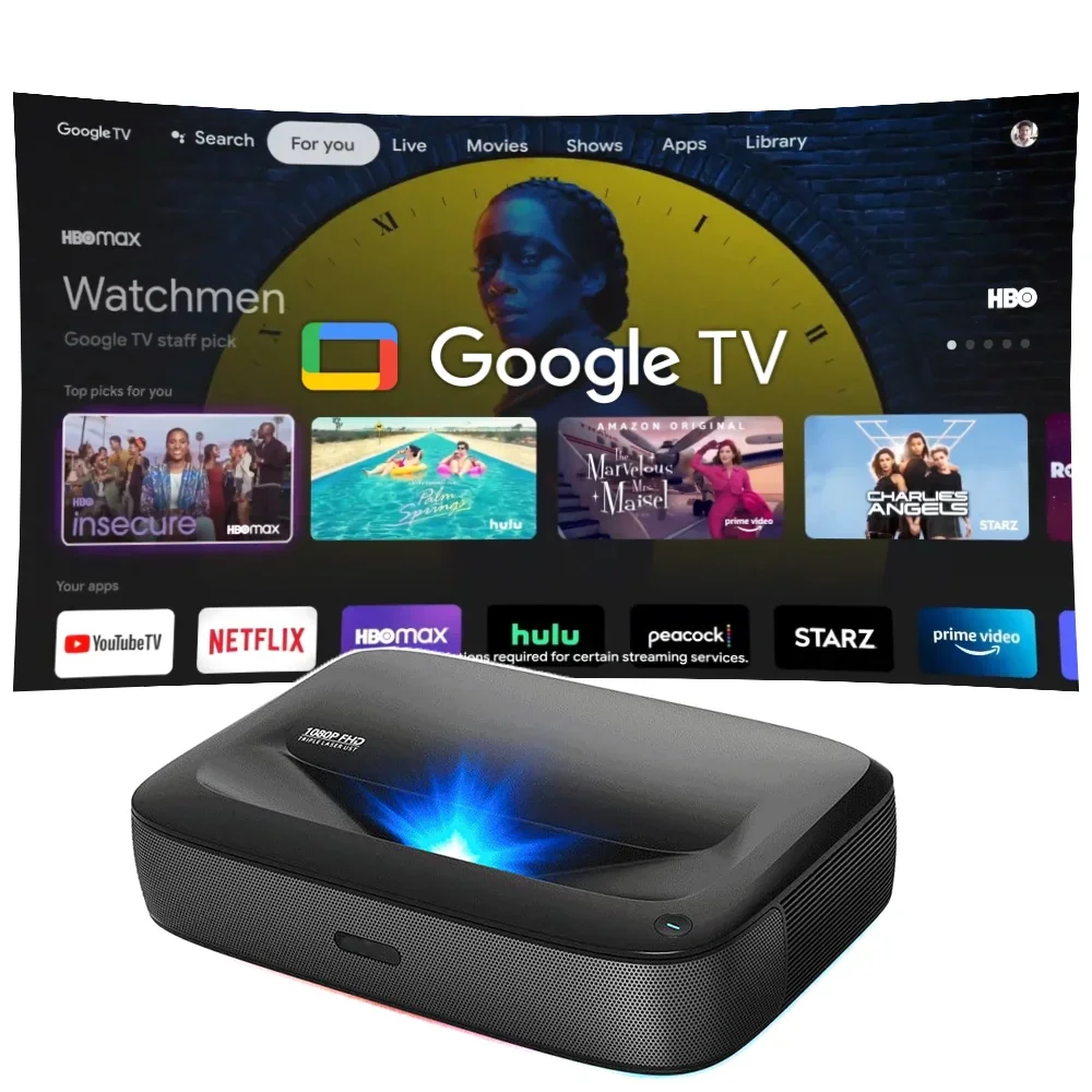 

H2mini DLP Ультракороткофокусный тройной лазерный проектор Встроенный Google TV Full HD 1080P, поддержка 4k HDR10+ домашняя резьба