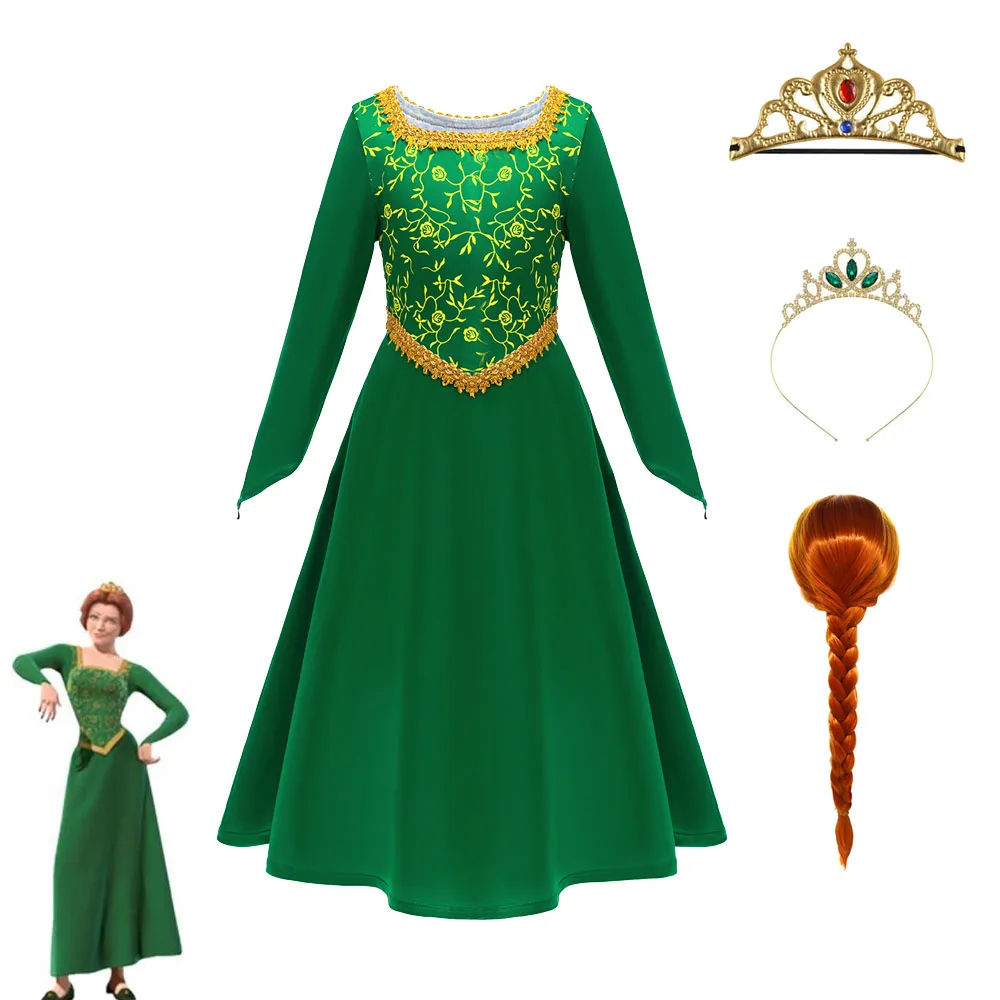 Girls Princess Fiona Dress Shreks Cosplay Costume Halloween Fancy Green Dress Fantasy Party Suit Roleplay for Children