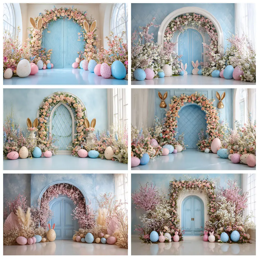 

Весенний пасхальный фон: синяя арка, дверь, цветы, кролик, яйца, семейный праздничный декор, фон для детских портретов и фотосессий на день рождения