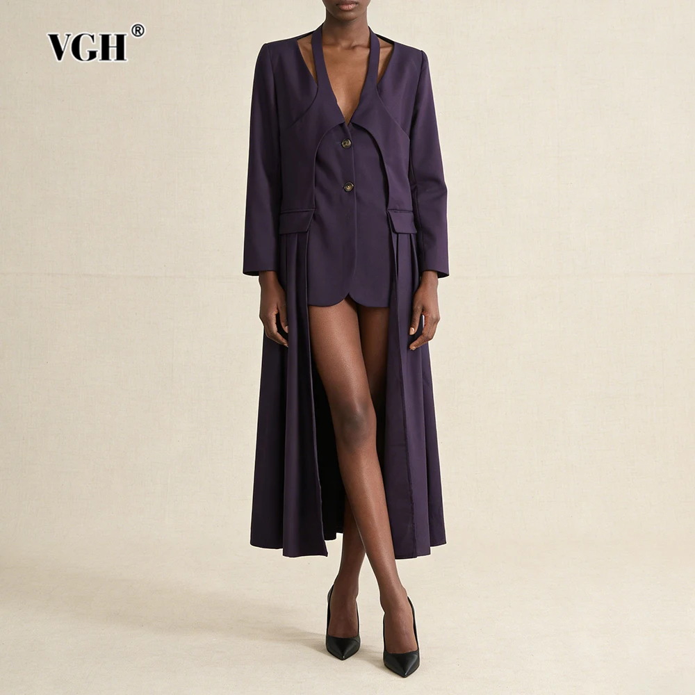 VGH Vintage Temperament Solid Blazers For Women V Neck Long Sleeve Spliced Button Autumn Design Sense Jacket Female Fashion New