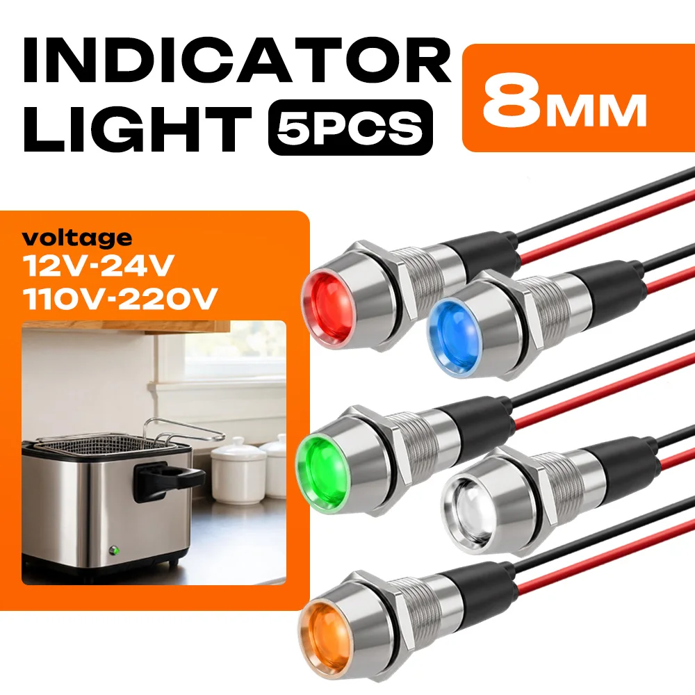 FILN 5PCS 8mm IP67 Waterproof Signal Light LED Metal Warning Lamp 12V-24V 110V-220V for Car Boat Industrial Control Device Panel