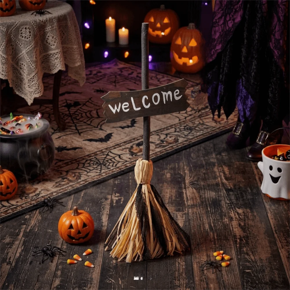Voice-activated Halloween Witch Broom LED Light Glowing Magical Dancing Broom Movable Flexible Handle Halloween Walking Broom