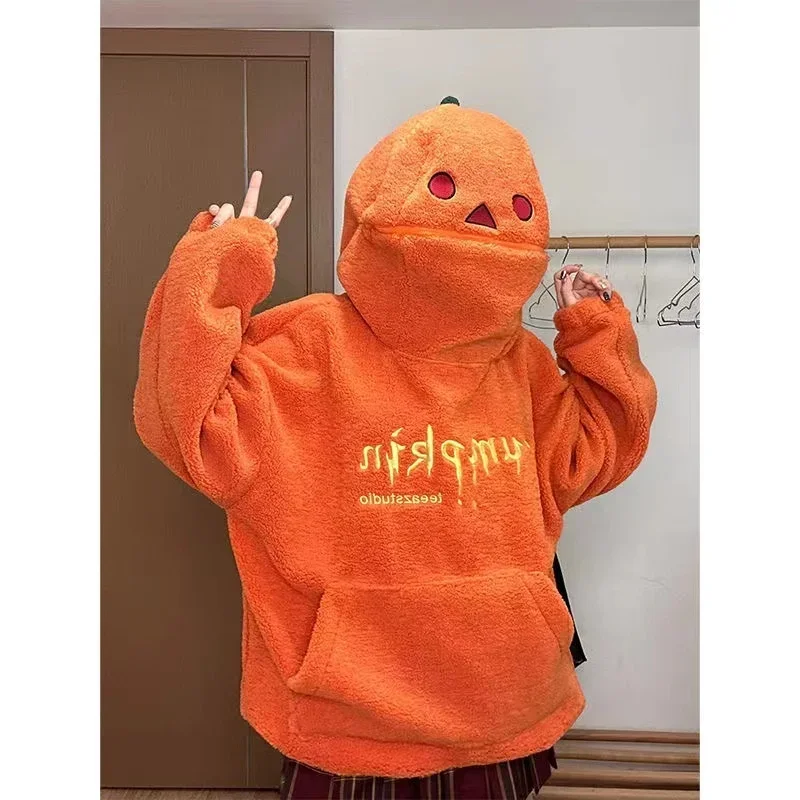 American Retro Pumpkin Head Hoodide For Men Women Winter Lamb Plush Orange Sweatshirt Loose Thickened Warm Couple Halloween Gift