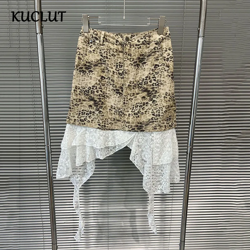 

KUCLUT новые модные кружевные лоскутные юбки с леопардовым принтом для женщин, универсальные джинсовые юбки нерегулярной формы с запахом на бедрах, женские 1A225
